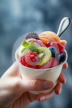 Close-up of a cup of fruit ice cream in a woman\'s hand