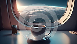 Close up cup of hot coffee on table in the spaceship with galaxy space, star, planet, asteroids, meteor and nebula view form