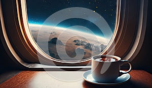 Close up cup of hot coffee on table in the spaceship with galaxy space, star, planet, asteroids, meteor and nebula view form