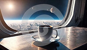 Close up cup of hot coffee on table in the spaceship with galaxy space, star, planet, asteroids, meteor and nebula view form