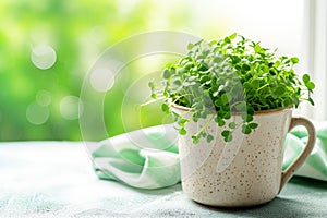 Close up of a cup with microgreens standing on green blurred background with copy space