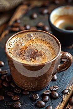 A close up of a cup and saucer with coffee beans, AI