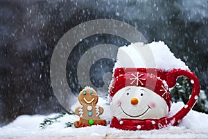 Close-up of cup with snowman face and gingerbread at snowfall