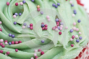 Close up of cupcake with green icing and hundreds and thousands against white background