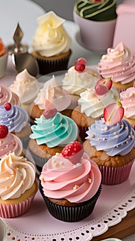Close-up of cupcakes on a table illustration Artificial Intelligence artwork generated