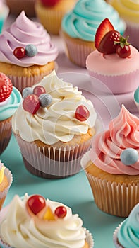 Close-up of cupcakes on a table illustration Artificial Intelligence artwork generated