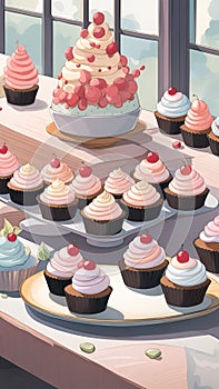 Close-up of cupcakes on a table illustration Artificial Intelligence artwork generated