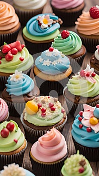 Close-up of cupcakes on a wooden table illustration Artificial Intelligence artwork generated