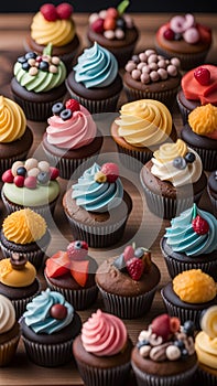 Close-up of cupcakes on a wooden table illustration Artificial Intelligence artwork generated