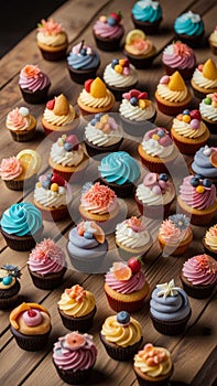 Close-up of cupcakes on a wooden table illustration Artificial Intelligence artwork generated