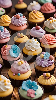 Close-up of cupcakes on a wooden table illustration Artificial Intelligence artwork generated