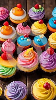 Close-up of cupcakes on a wooden table illustration Artificial Intelligence artwork generated
