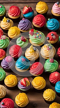 Close-up of cupcakes on a wooden table illustration Artificial Intelligence artwork generated