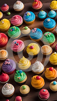 Close-up of cupcakes on a wooden table illustration Artificial Intelligence artwork generated