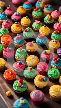 Close-up of cupcakes on a wooden table illustration Artificial Intelligence artwork generated