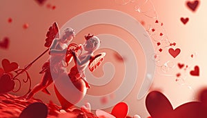 Close-up with Cupid and his partner, red hearts and blurred background