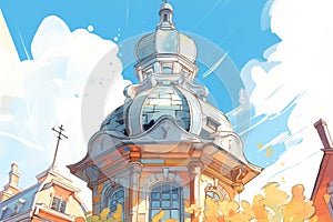 close-up of cupola on italianate structure in sunlit condition, magazine style illustration