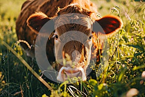 Close-up of a curious cow in a field