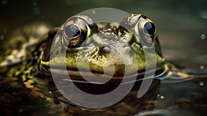 Close up curious green frog summer concept. Ai generated