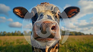Close-up of a curious holstein cow in a sunny pasture