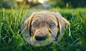 Close-up of a curious Labrador puppy exploring a grassy field