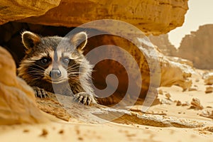 Close up of Curious Raccoon Peeking from Underneath Rock Formation in Arid Desert Landscape