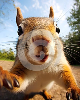 Close up of a curious red squirrel