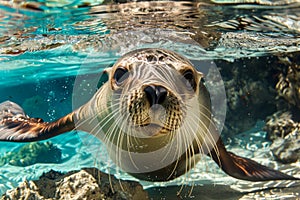 Close up of a Curious Seal Swimming Underwater with Clear Views of Its Whiskers and Big Eyes
