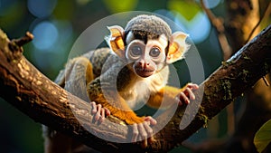 Close-up of a curious squirrel monkey perched on a tree branch, looking at the camera.