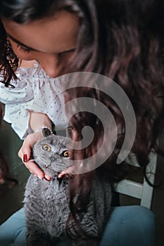 Close-up curly young woman holding the head of a British cat