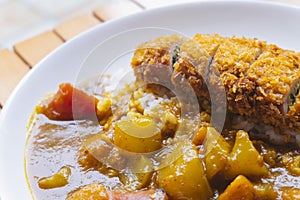 Close-up of curry pork chop rice