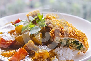 Close-up of curry pork chop rice