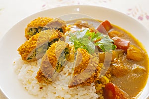 Close-up of curry pork chop rice