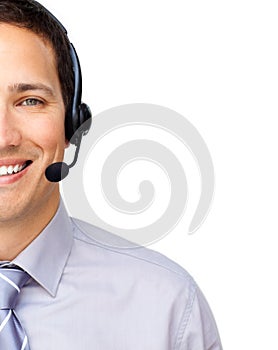 Close-up of a customer service agent