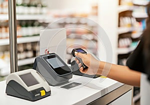 Close-up of customer using smartwatch for contactless payment at modern retail store