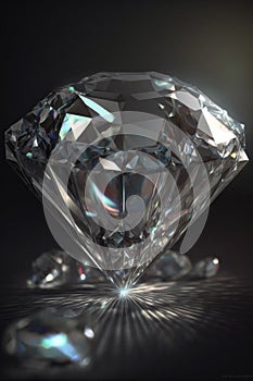 Close up of cut diamond with reflection on black background, created using generative ai technology