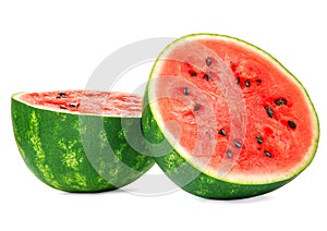 Close-up of a cut juicy watermelon isolated on a white background. Beautiful, sweet, refreshing watermelon. Fresh summer fruits.