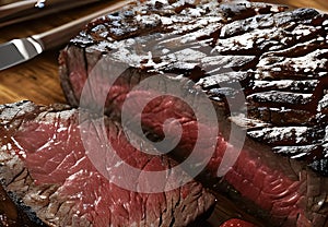 Close Up of a Cut of Medium Rare Steak Generative AI