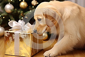 Close up cute adorable purebred curious fluffy Golden Retriever Labrador puppy family pet dog doggy exploring New Year