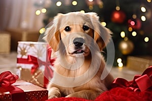 Close up cute adorable purebred curious fluffy Golden Retriever Labrador puppy family pet dog doggy exploring New Year