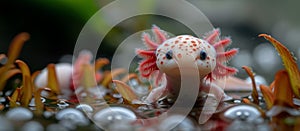 Close-up cute baby axolotl, an amphibian, resting on pebbles in an underwater environment