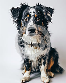 close-up of cute border collie dog on light gray blurred and out-of-focus background photo