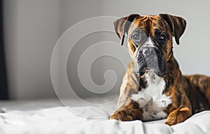 close-up of cute boxer dog on light gray blurred and out-of-focus background