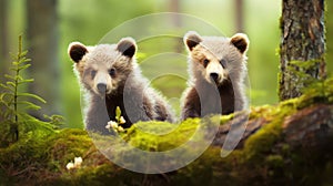 Close-up of cute brown bear cubs in the forest