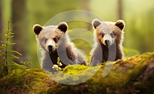 Close-up of cute brown bear cubs in the forest