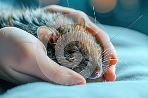 Close up of a cute brown rat in the hands of a woman