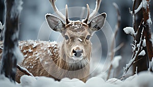 Close up of a cute deer in snowy winter forest generated by AI