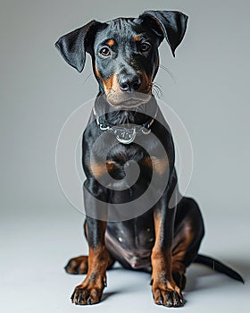 close-up of cute doberman dog on light gray blurred and out-of-focus background photo