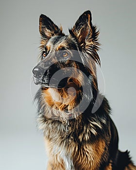 close-up of cutegerman shepherd dog on light gray blurred and out-of-focus background photo