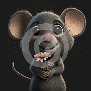 Close up of cute grey mouse with flowers on grey background, created using generative ai technology